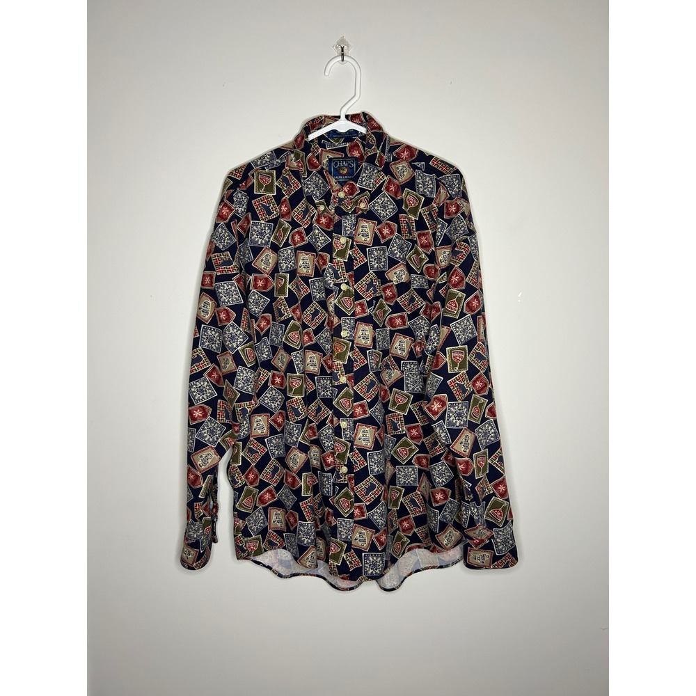 Chaps Ralph Lauren Vintage Blue Multicolor Holiday Button Down Mens XL